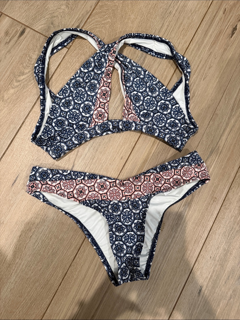 Women’s Navy & Coral Printed Halter Bikini Two-Piece